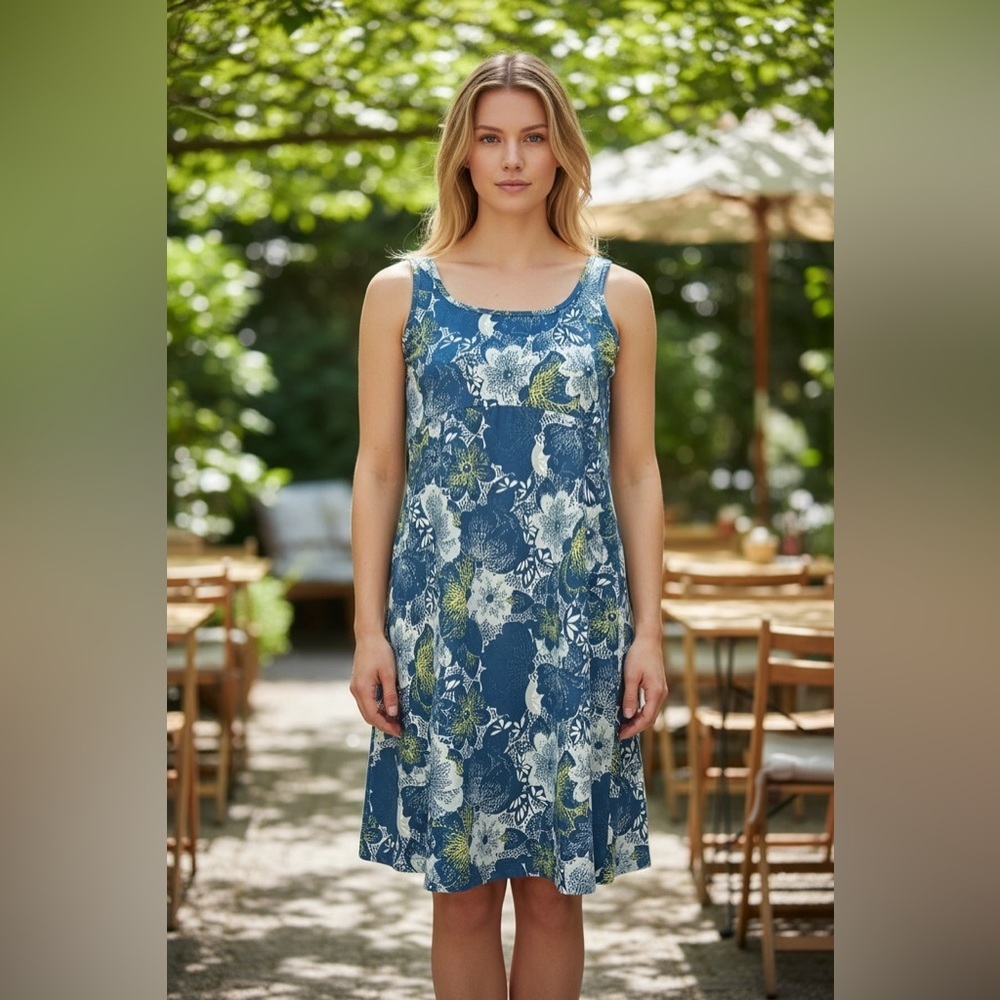 NEW, Columbia, PFG Omni-Freeze Floral Dress in Blue, White and Yellow, Size L